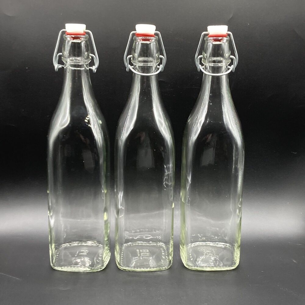 3 Bormioli Rocco Square Clear Glass Bottles 1L(33.75 oz) Swing Top Made In Italy